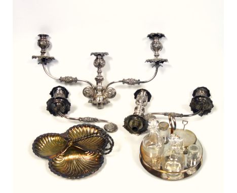 Pair of Old Sheffield plated 3 light candelbra branches, (1 detached and missing 1 nozzle); 5 piece cruet on revolving stand,