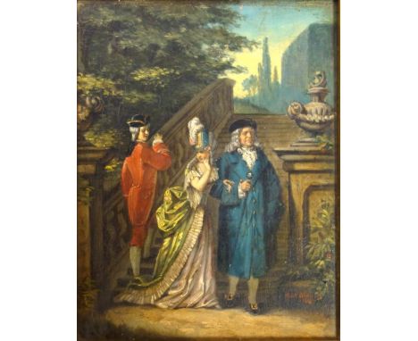 Emil Görner (Continental, 19th Century), Classical scene with 3 figures by a staircase in a garden, in the 18th Century style