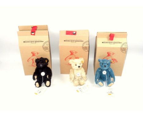 Steiff club Historic Miniature articulated bears to include; blue 'Teddy 1908' model 029233, 18cm; black 'Teddybar 1912' mode