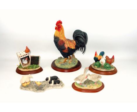Border Fine Arts model "Cockerel Brown", 739456, on a circular wood base, H.30cm; 2 groups with hens, pair of geese, and "Fir