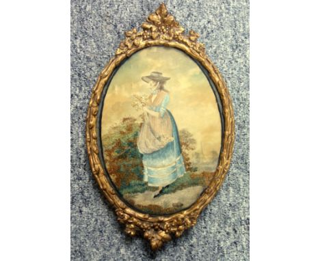 Regency silk needlework and watercolour of a woman with a bunch of flowers, 23.5 x 17, in a glazed oval gilt frameCondition:C