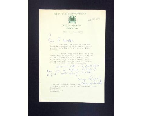 Margaret Thatcher - A letter from Margaret Thatcher as M.P., typed and handwritten on 27th October 1971; a 'thank you' letter