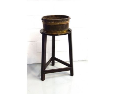 Georgian oval coopered oak wine cooler with 2 brass bands, on a later tripod stand joined by stretchers, 96.5 x 48 x 38.5cm