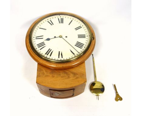 Victorian drop dial wall clock with a circular white painted dial with brass bezel enclosing an 8 day fusée pendulum movement