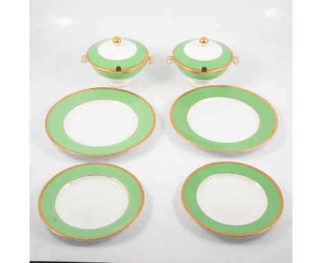 Copeland Spode bone china part dinner service, green and gilt borders, including; two saucer tureens and stands, oval meat pl