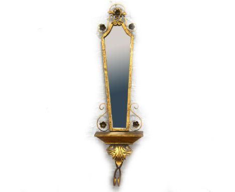 Wrought metal pier mirror, contemporary, tapering glass with candle shelf and scroll under, width 23cm, height 92cm.