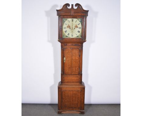 Oak and mahogany longcase clock, the hood with swan neck pediment, turned columns, short door, bracket feet, 14" square paint