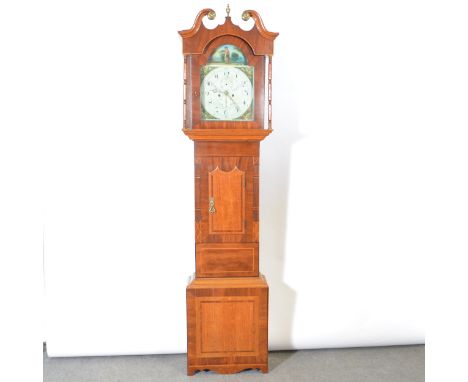 Yorkshire inlaid mahogany longcase clock, the case with swan neck pediment and urn finial, turned columns, short door, bracke