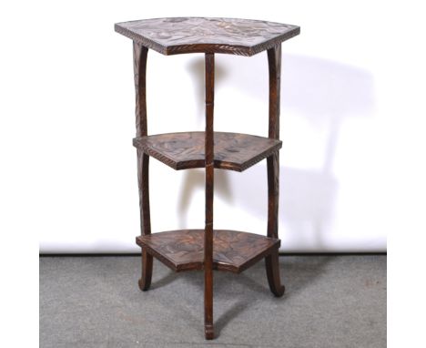 Victorian light oak hall chair, pierced back, solid seat, turned legs, 85cm; and Eastern carved wood three-tier corner stand;