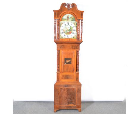 Welsh inlaid mahogany longcase clock, the case with swan neck pediment, turned and carved columns, short inlaid door flanked 