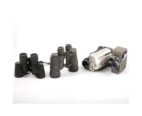 Cameras and binoculars, one box including Haco 10x50 field 5.5; Tasco; Zenith 8x30, cased; Aanger Club 8x12; Crpwn8-E3 Cine c