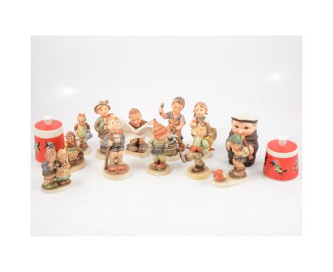 Collection of Hummel figures, 15cm and smaller, two Goebel jam pots with abstract bird design, and a small monk jug.
