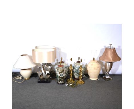 Pair of brass-finish barley-twist table lamps, with 'candle' fitments, 54cm overall; Satsuma style lamp base, pair of Chinese