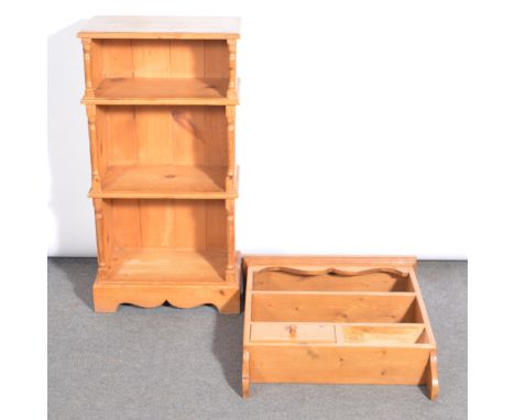 Modern pine three heights open bookcase, width 51cm, depth 27cm, height 101cm, and a pine spice rack, with drawers under.