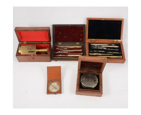 Drawing/gemoetry set, brass and two with ivory handles, mahogany case, another similar set, vintage brass compass, cased, sma