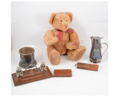 Modern vintage collection teddy bear, various modern hip flasks, ofk inkstand, onyx cigarette boxes, etc.