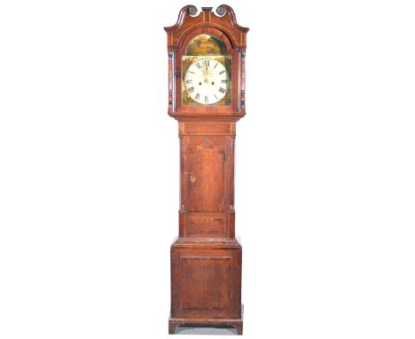 William IV oak and mahogany longcase clock, the hood with swan neck pediment, turned columns, short door with quarter columns