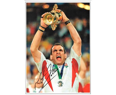 Rugby Martin Johnson 16x12 signed colour photo pictured lifting the Webb Ellis Trophy after Englands win in the 2003 world cu