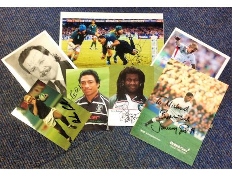Rugby collection 7 assorted colour and b/w photos signatures include Bill Beaumont, Johnny Wilkinson, Filo Tiatia, Seru Raben