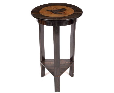 A DECORATIVE MID 20TH CENTURY HARDWOOD VENEERED CIRCULAR OCCASIONAL TABLE  the top inset with a marquetry picture of black gr