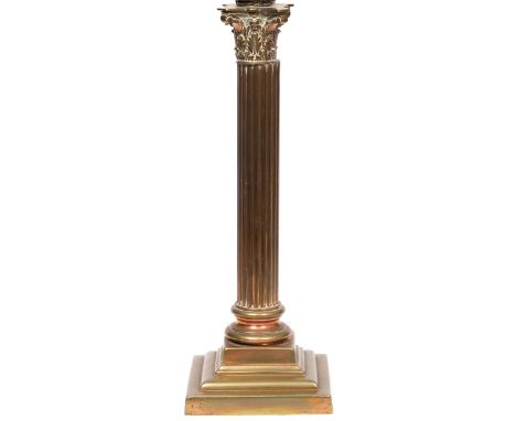 A BRASS TABLE LAMP of Corinthian column form, the lamp base 37cm high