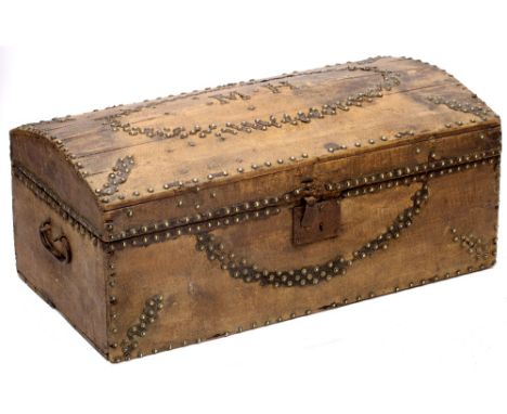 AN ANTIQUE PINE DOME TOPPED TRUNK  with studded and leather details 'MH' details to the top, with wrought iron carrying handl