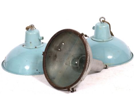 A PAIR OF DUCK EGG BLUE ENAMEL PAINTED INDUSTRIAL HANGING LIGHTS each 47cm diameter x 48cm high together with a further hangi