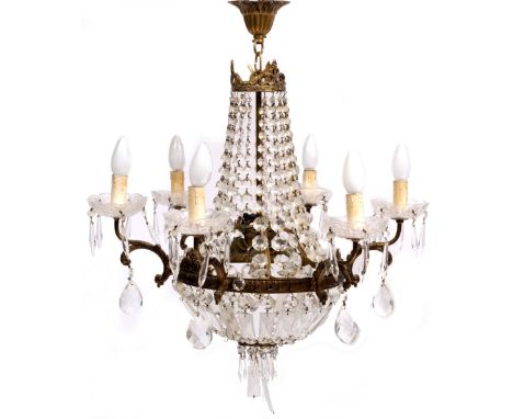 A 1930'S STYLE SIX BRANCH CHANDELIER with pressed glass droppers and gilt metal mounts 40cm approximately