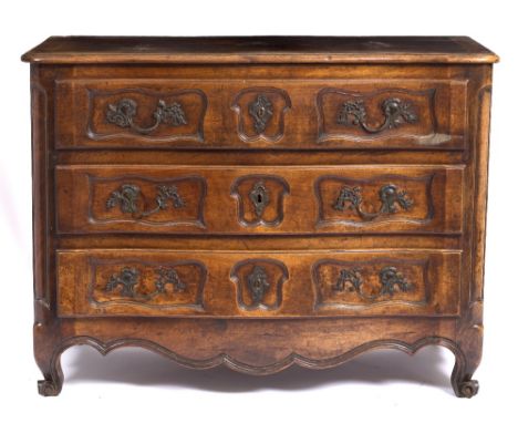 A 19TH CENTURY FRENCH WALNUT COMMODE with three long drawers, gilt metal handles and cabriole feet, 123cm wide x 59cm deep x 