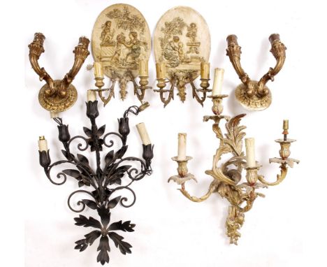 AN ANTIQUE FOUR BRANCH WALL LIGHT of scrolling acanthus leaf form, 45cm wide; a pair of painted gilt metal twin branch wall l