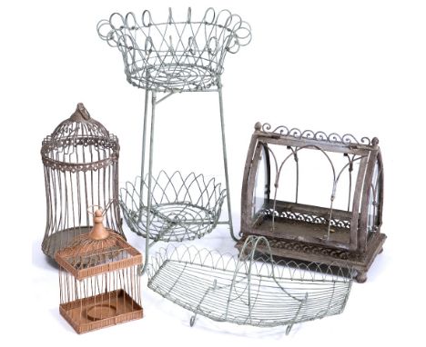A TWO TIER WIRE WORK CONSERVATORY PLANT STAND 43cm diameter x 67cm high together with a partially glazed tin terrarium, 35cm 