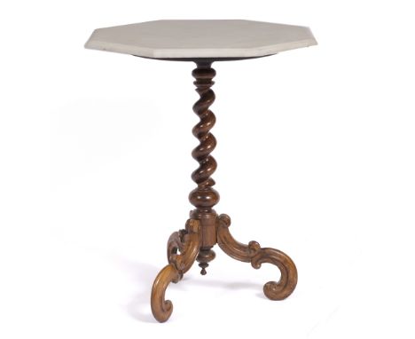 AN OCTAGONAL WHITE MARBLE TOPPED OCCASIONAL TABLE with a rosewood spiral turned stem and a tripod base, the top 60cm wide x 7