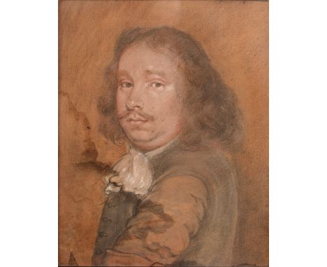 AN ANTIQUE PASTEL PORTRAIT OF A MOUSTACHIOED GENTLEMAN in 17th century dress, pastel on paper, 25.5cm x 20.5cm set within a f