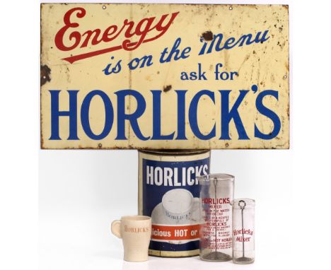 A COLLECTION OF HORLICK'S ADVERTISING WARE to include 20th Century tin and enamel sign, advertising tin, ceramic mug, mixers 