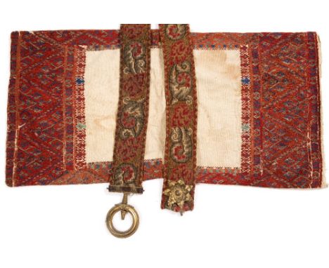 AN ANTIQUE EMBROIDERED PANEL 86cm x 43cm and a 19th century tapestry embroidered curtain tie back with gilt mounts, 177cm in 