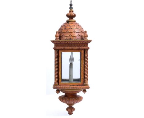 A PAINTED HANGING FOUR GLASS LANTERN with carved decoration and outset barley twist columns, 20cm wide x 59cm high
