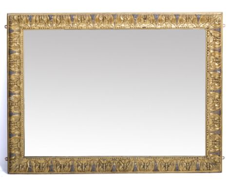 A LARGE 19TH CENTURY GILTWOOD FRAMED MIRROR, the cushion moulded border carved in relief with acanthus and bell flower decora