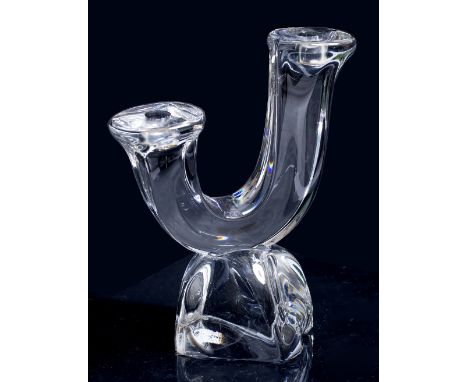 A 20TH CENTURY DAUM OF FRANCE  MOULDED GLASS TWO BRANCH CANDLESTICK with etched signature to the base 24cm high 
