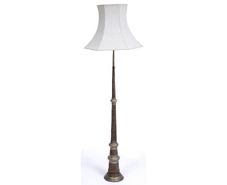 A 20TH CENTURY BI-METAL MIDDLE EASTERN HORN with embossed foliate decoration converted into a lamp standard, 145cm 