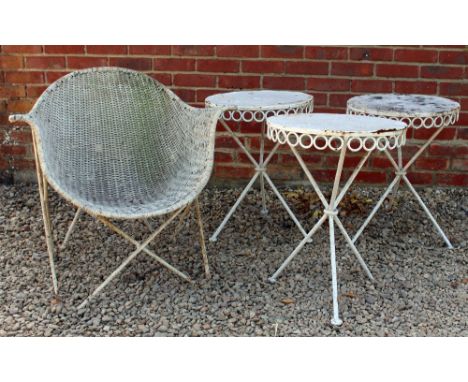 THREE MID 20TH CENTURY PAINTED IRON OCCASIONAL TABLES each with circular tops and tripod bases, 45cm diameter x 59cm high tog
