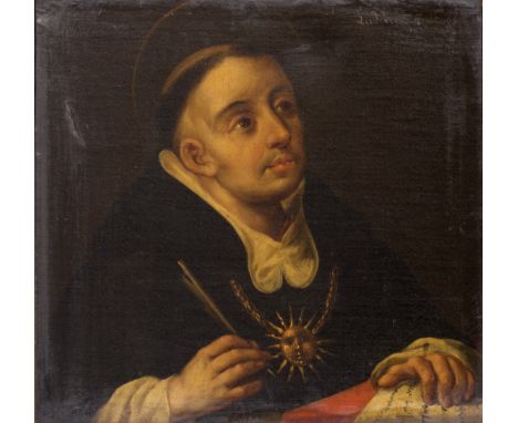 AN ANTIQUE HEAD AND SHOULDER PORTRAIT OF A SAINT oil on canvas, signed 'Ludovicus', in the style Louis Finson, 40cm x 42cm