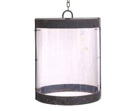 A WROUGHT IRON BLACK PAINTED CYLINDRICAL HALL LANTERN with perspex glazing 31cm diameter x 38cm high 