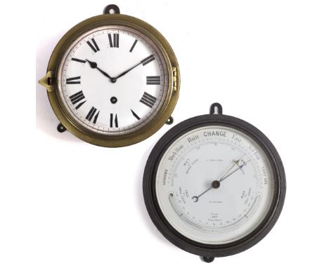 A 20TH CENTURY BRASS SHIPS CLOCK with white enamel dial and black Roman numerals, unsigned and a metal cased barometer, signe