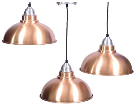 A SET OF THREE INDUSTRIAL STYLE SPUN COPPER HANGING LIGHT SHADES AND FITTINGS 30.5cm diameter (3)