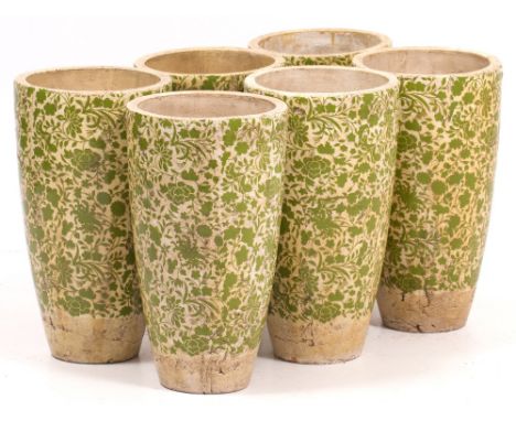 A GROUP OF SIX GREEN FLOWER DECORATED CERAMIC UMBRELLA STANDS or planters, each approximately 23.5cm diameter x 43cm high (6)