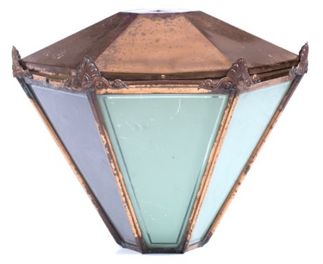 A HEXAGONAL COPPER AND FROSTED GLASS STREET LANTERN 55cm wide x 44cm high