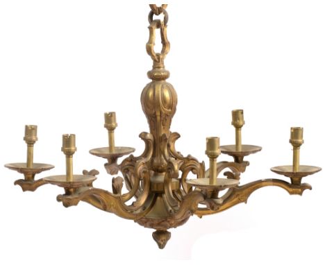 AN 18TH CENTURY STYLE BRASS SIX BRANCH CHANDELIER or electrolier with scroll decoration 44cm high x 60cm wide overall 