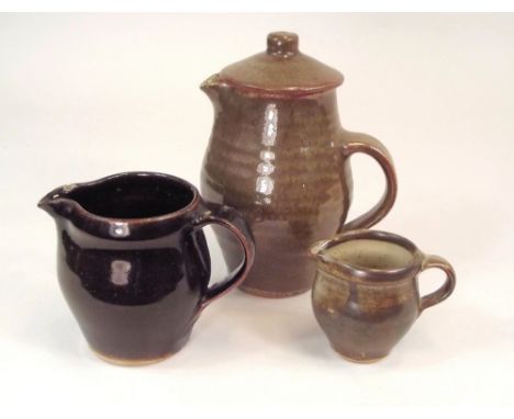 LEACH POTTERY. A Leach Standard Ware coffee pot &amp; two jugs. Some chips.
