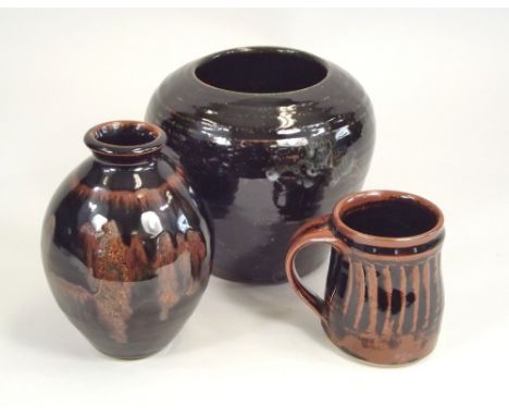 AMANDA BRIER. Two vases &amp; a mug by Amanda Brier. Personal marks &amp; Leach Pottery mark to mug. Largest vase 15cm.