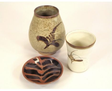 LOWERDOWN POTTERY.Three pieces of David Leach Lowerdown Pottery, a porcelain beaker, a small dish & a vase (cracked). All wit